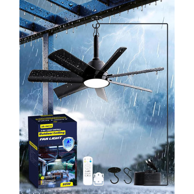  28 Inch Plug-In Outdoor Ceiling Fan with Light and Remote,IP65 Waterproof Hanging Fan Light with Hook,6 Speed,Reversible,3CCT,Dimmable,Portable Gazebo Fan for Patio,Canopy,Porch,Rv(Black)