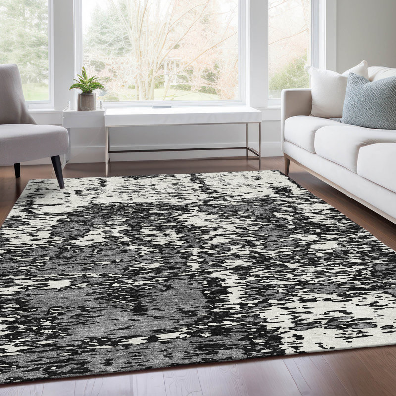 Premium Machine Washable Prisco Black Rug, Rectangle 5' x 7'6"