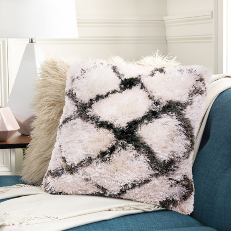 20" White and Black Diamond Shag Throw Pillow