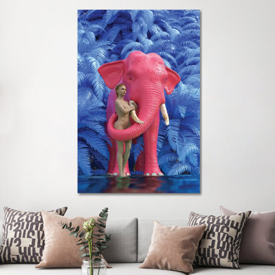 Woman Bathes A Red Elephant by Mike Kiev - Wrapped Canvas Print