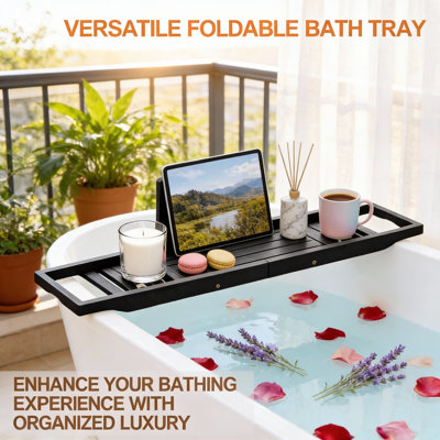 Bamboo Bathtub Tray Caddy Black | Adjustable & Water-Resistant Bath Tub Table For Books, Tablet & Wine Relaxation
