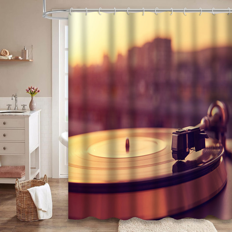 Rideau de douche tourne-disque vinyle avec tourne-disque et 12 crochets, L 72 po x l 84 po