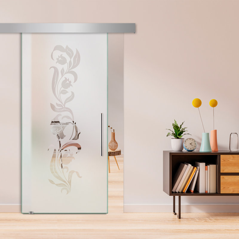 Frameless Glass Sliding Barn Door with Sandblasted Modern Design + Hardware Kit (Semi-Private), 47" x 84", Left Handing