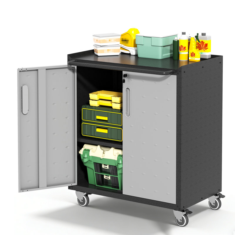 Armoire à outils roulante robuste avec portes verrouillables, rangement mobile pour garage avec tablette ajustable et roulettes