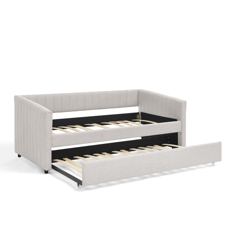 Daybed With Trundle Upholstered Sofa Bed, With Vertical Stripes, Linen Fabric, Twin