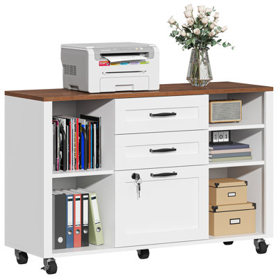 3 Drawer Wood Lateral File Cabinet With Lock, Rolling Mobile Filing Cabinet With Open Storage Shelves, Printer Stand Office Storage Cabinet For Home by Inbox Zero