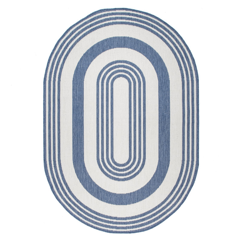 Soraya Power Loom Striped Blue Indoor/Outdoor Patio Rug, Oval 8' x 10'