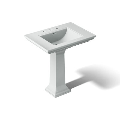 White pedestal bathroom sink with a rectangular basin and three-hole faucet deck