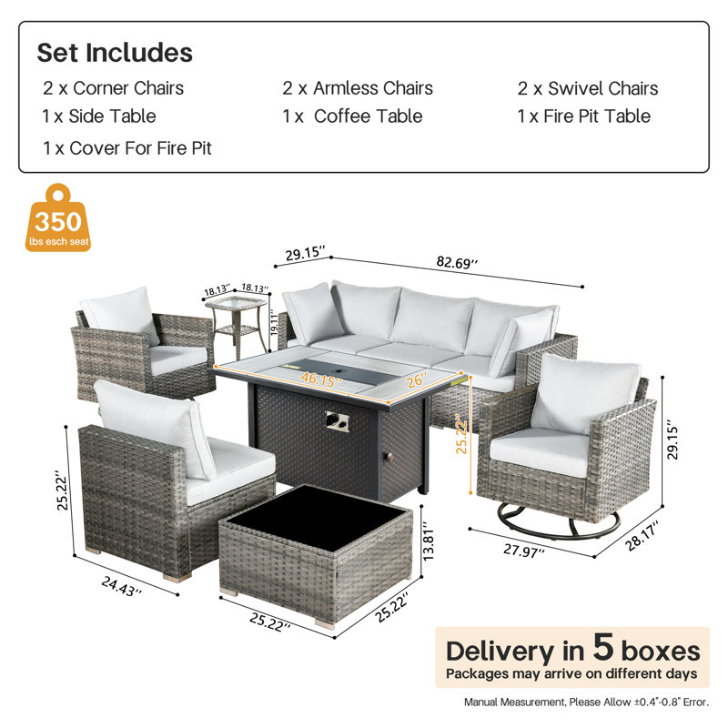 Wicker 6 - Person Outdoor Seating Group With Cushions With Fire Pit Table And Swivel Rocking Chairs, Light Gray