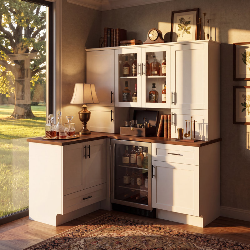 Table de bar en L 71 po avec huche, portes en verre et armoire de rangement pour bar et salle à manger