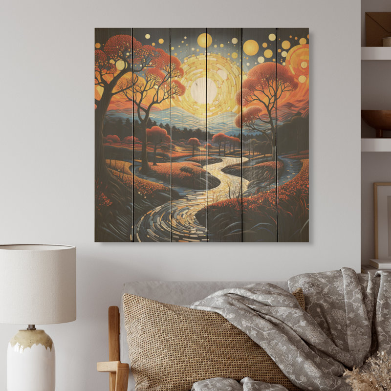 Pointillisme, rivière, horizon, forêt, art sur bois de pin naturel, H 15 po x l 15 po