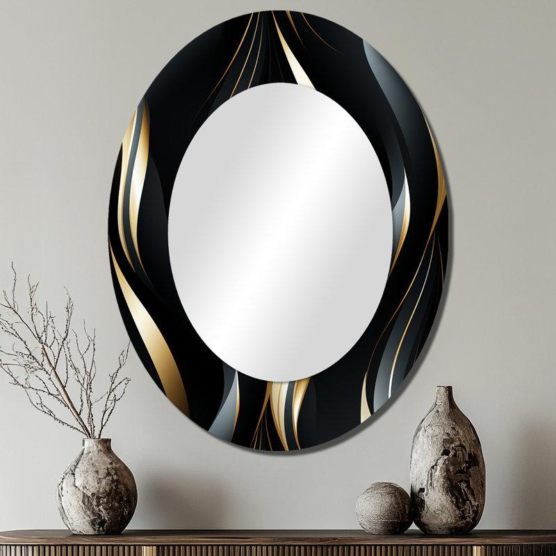 Rileah Deep Black And Gold Elegance - glam  Large Wall Mirror, Black Decorative Mirror, Printed Metal Art, 40" H x 30" W