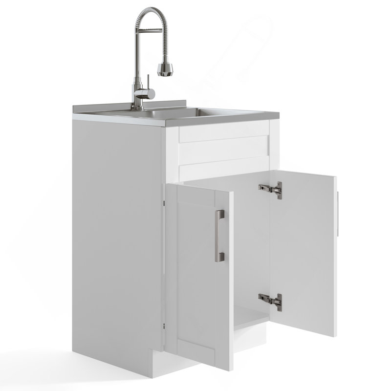 Hennessy - Armoire à linge de luxe 24 po avec robinet et évier en acier inoxydable - Blanc pur, 24"