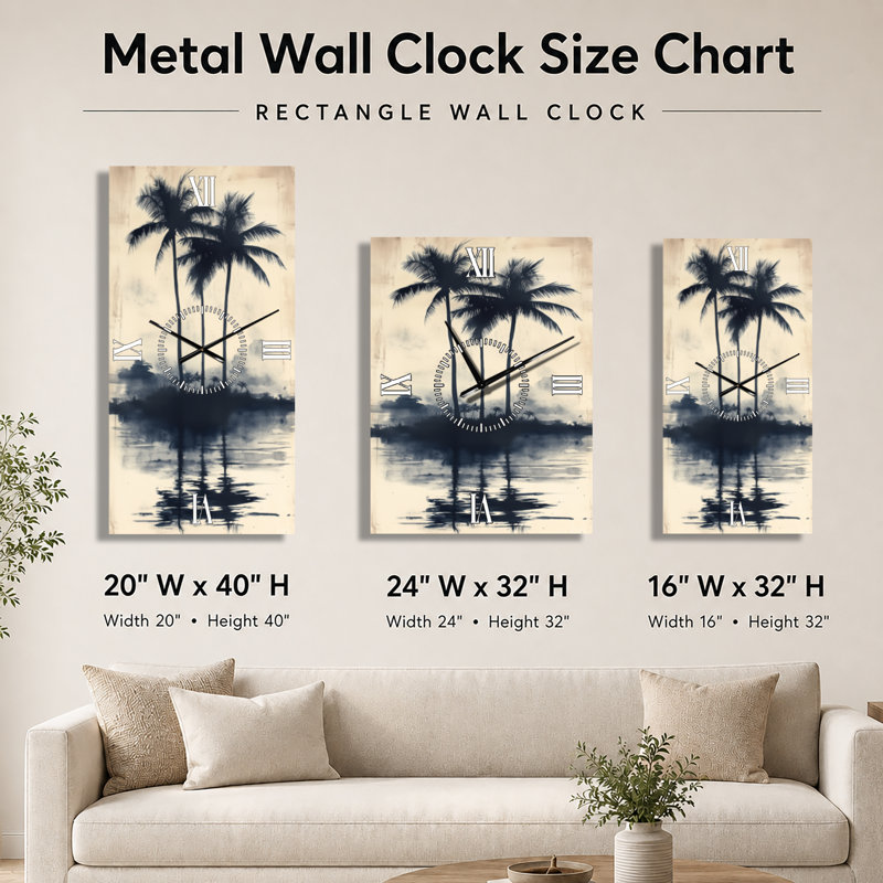 Horloge murale à palmiers colorés sur une île tropicale, H 32 po x l 24 po - Rectangle