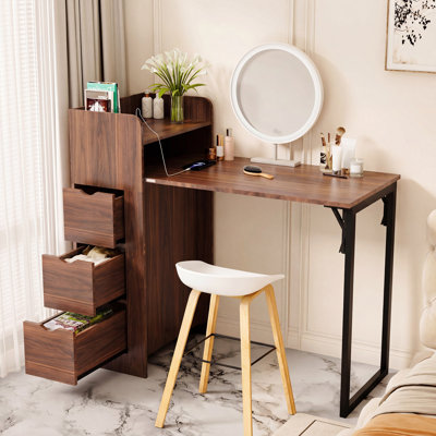 Wall Mounted Foldable Desk, Space Saving Hidden Desk With Storage & Power Outlet, Fold Out Table For Small Spaces, Home Office Bedroom, Walnut