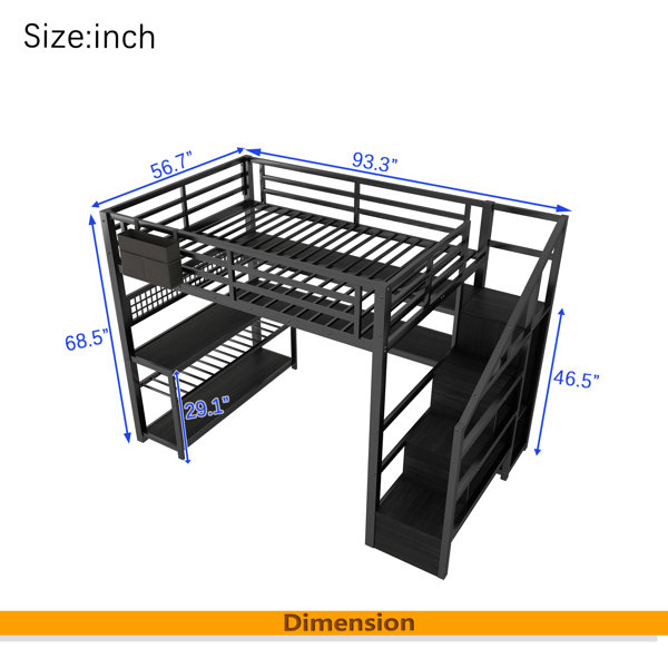 Harriet Bee Metal Queen Loft Bed With Wardrobe And LED Light, Queen ...
