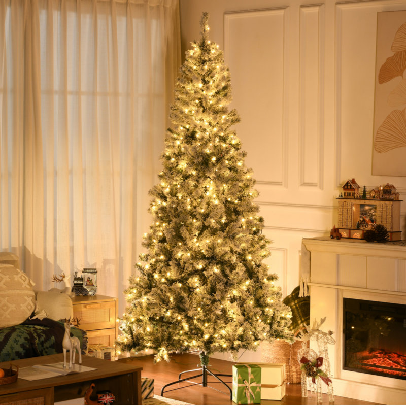 Grand arbre de Noël artificiel 9 pi avec 918 branches de neige floquées, 600 lumières DEL blanc chaud, ouverture automatique, vert