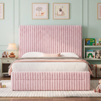 Full size faux fur upholstered platform bed frame with 2 storage drawers and RGB LED lights