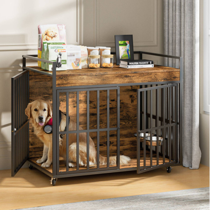 Style de cage de chien, chenil pour chien robuste avec roues et bols, niche décorative pour grands chiens