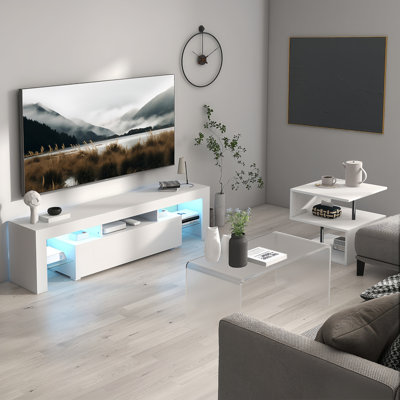 Meuble télé à DEL pour téléviseur avec porte rabattable et tablette en verre