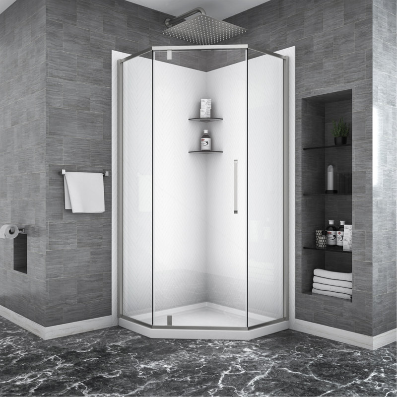Cabine de douche à charnière néo-angle à demi-cadre l 34-1 / 8 po x H 72 po, argent brossé 5/16 po (8 mm)