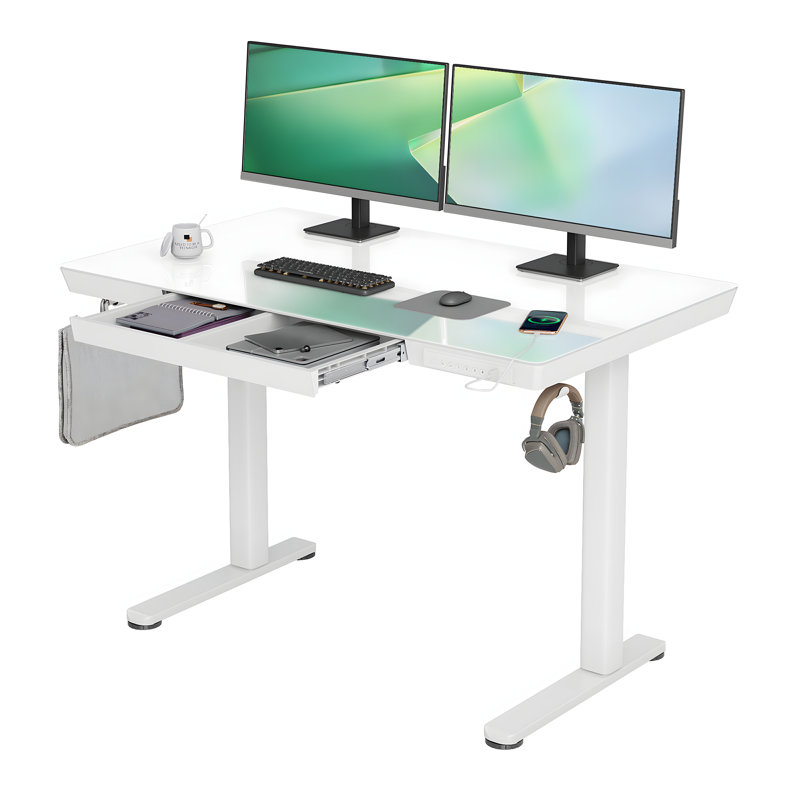 Tempered Glass Top Height Adjustable Standing Desk, Computer Desk with Drawer and USB Charge, 46.5" H x 48" W x 24" D, White
