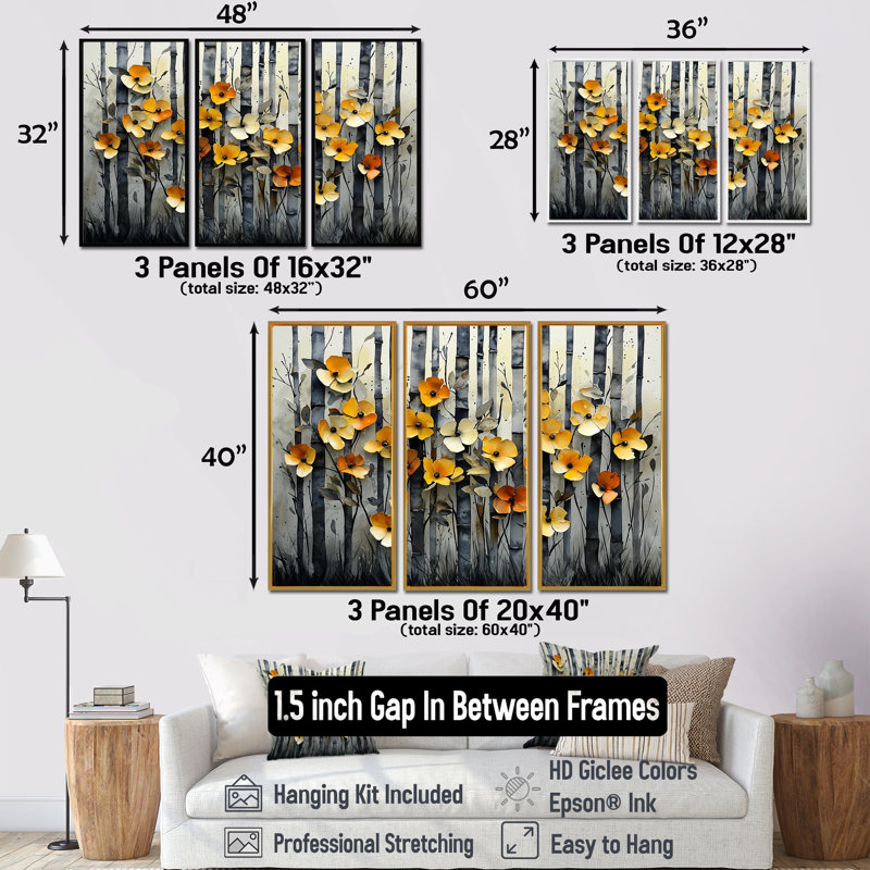 «Geometric Bambo Forest Horizon II», art mural en bambou, 3 pièces, H 32 po x l 48 po, Impression encadrée sans passe-partout