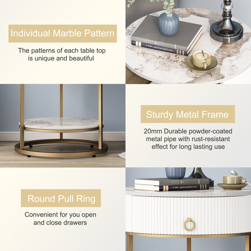 End Table with Storage, Gold, White Marble