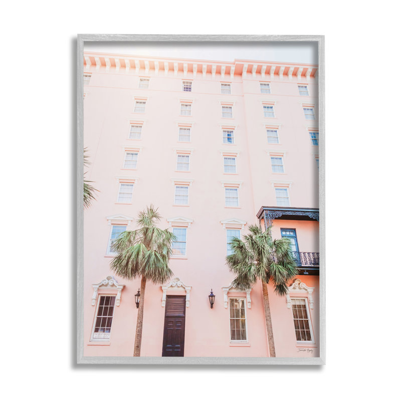 «Tropical Pink Holiday Building Summer Palm Trees» par Jennifer Rigsby - Photographie à cadre flottant sur toile, Gris