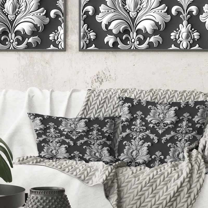 Coussin décoratif gris à motif damassé gris V, H 16 po x l 16 po