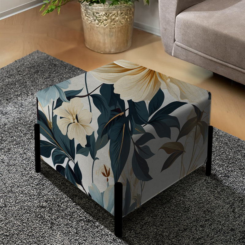 Repose-pieds carré beige floral et hortensia Sandy