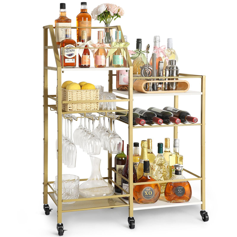 Chariot-bar roulant avec porte-verres à vin, Or / blanc, Or