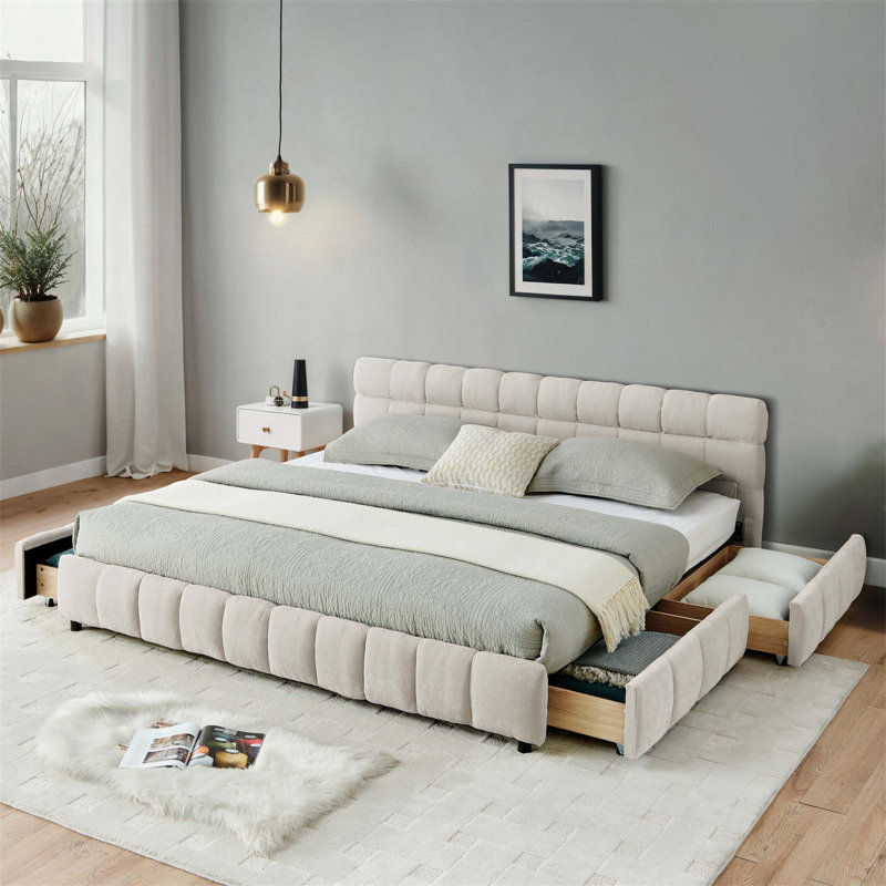 Lit tapissier très grand californien avec tissu en chenille, tête de lit confortable et tiroirs de rangement sous le lit - Beige
