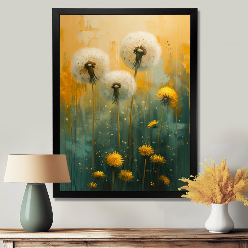 Art nouveau pissenlit blanc et jaune Collage II - art mural pissenlit, H 20 po x l 12 po x P 1 po, Cadre simple noir