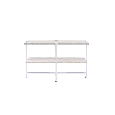 De table en demi-lune en chêne blanc et blanc, kd, compartiment ouvert avec tablette en bois fixe, plateau en polyuréthane plaqué de papier, structure de support en tube de métal en X, 48 po de largeur, 30 po de hauteur, 16 po de profondeur, capacité de poids de 70 lb +