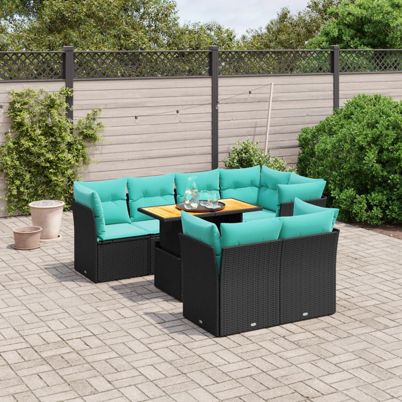 Ensemble de canapé de patio 8 pièces avec coussins d'extérieur en rotin de polyester noir contemporain, Bleu, Noir