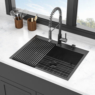 28X22 Inch Stainless Steel Kitchen Sink - Gunmetal Black Finish 16 Gauge Sound Absorbing Pad Single Bowl Maintains Smooth Surface Efficient Drainage System