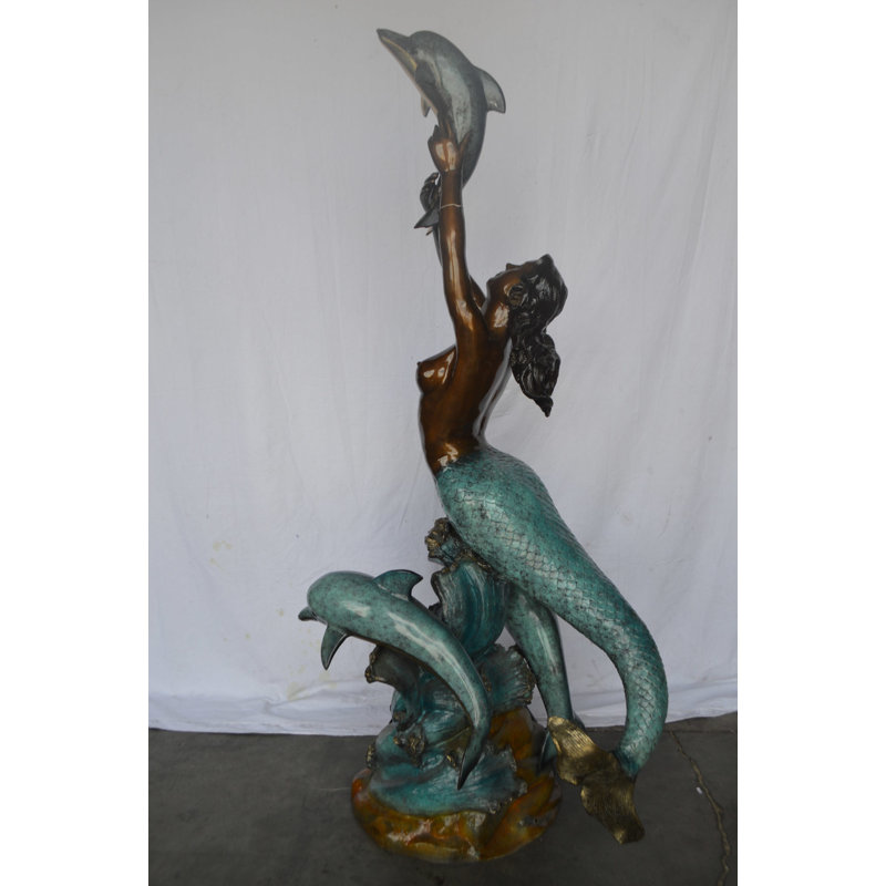 Mermaid and Three Dolphins Fountain Bronze Statue - Size 34" L x 41" W x 83 "H