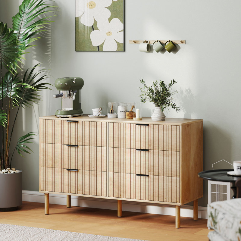 Commode de chambre à coucher, commode 6 tiroirs avec panneaux cannelés, chêne
