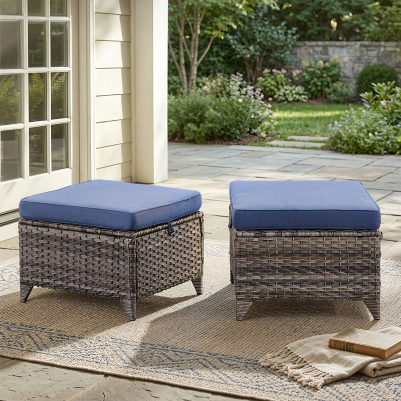 Pouf d'extérieur en osier Schutt avec coussins, Bule, Grey