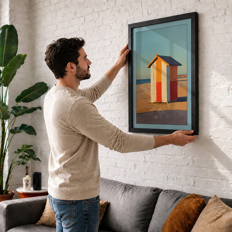 Striped Beach Hut Coastal - Framed Print, A3 - 42.0 x 29.7 cm, White