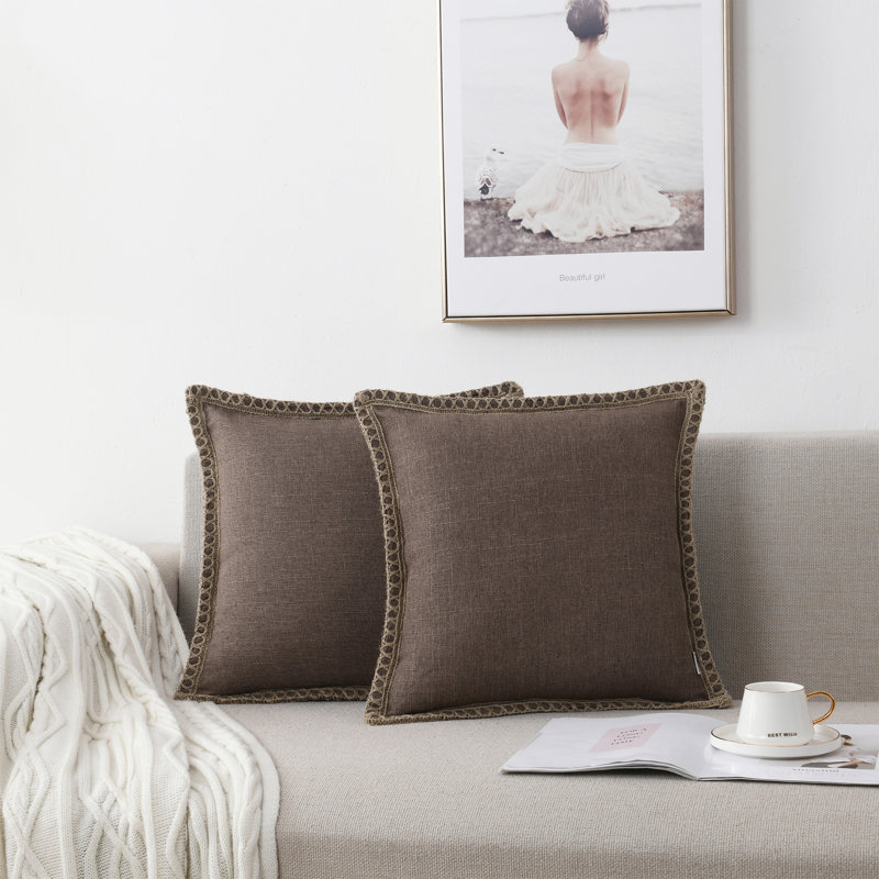 Farmhouse Trimmed Burlap Linen Polyester Pillow Cover, Square, Light Blue, 18"H x 18"W