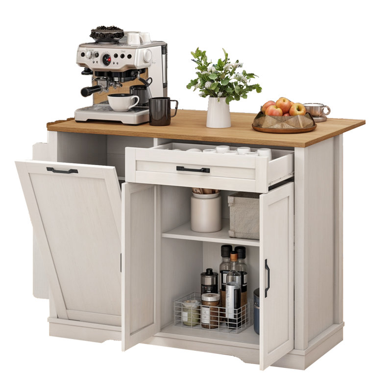 Îlot de chariot de cuisine roulant avec plateau de table pliable et rangement pour poubelle, Blanc