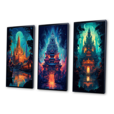 Magical Buddhist Temple Dreamscape - Buddhism Art Set Of 3 Pieces