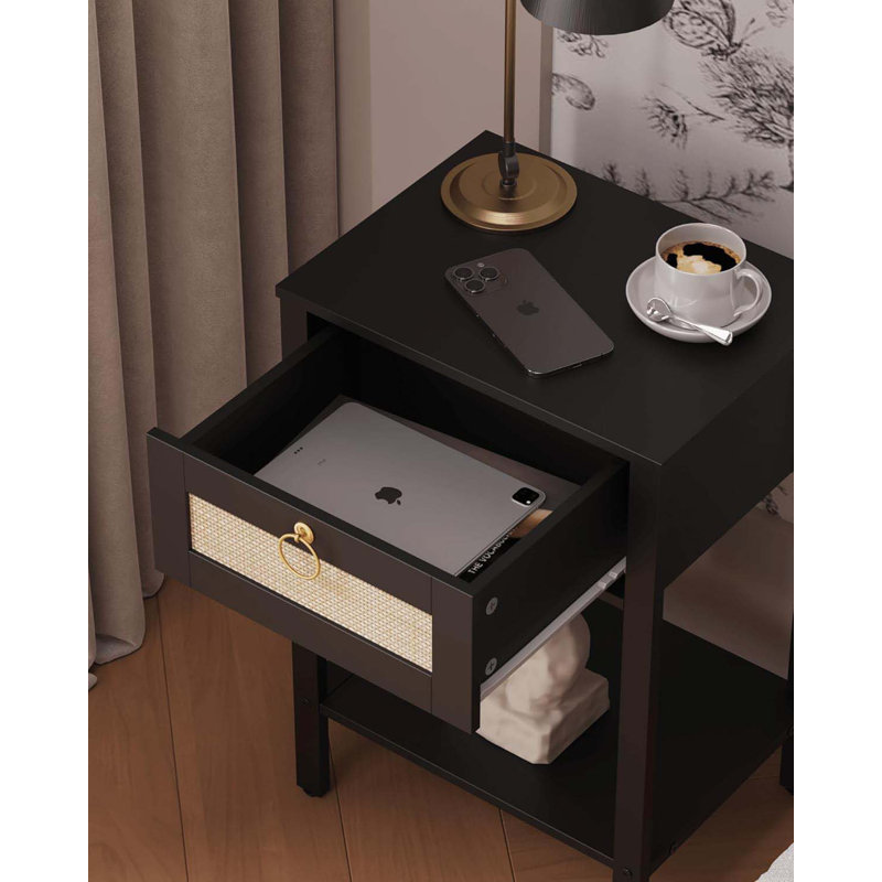 Rattan Nightstand,Modern Farmhouse Bedside Table With Storage Drawer And Shelf
