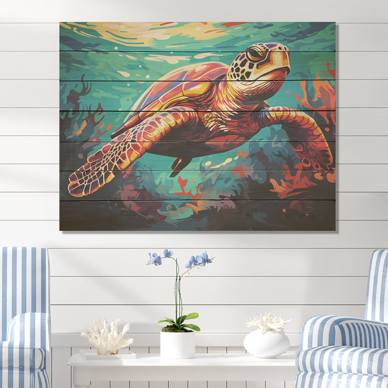 Pop Art, tortue curieuse, danse aquatique - animal tortue sur bois, H 10 po x l 20 po