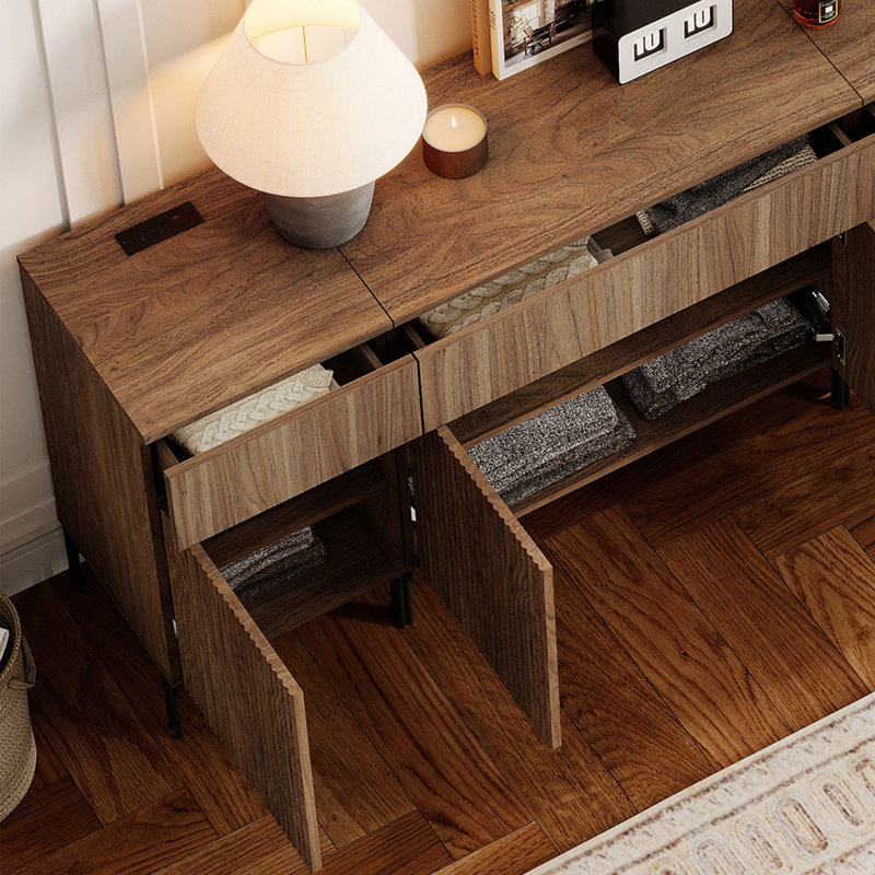 63" Wooden Reeded Sideboard With Doors And Drawers, 3-In-1 Modern Credenza With Charging Station For Kitchen, Dining Room