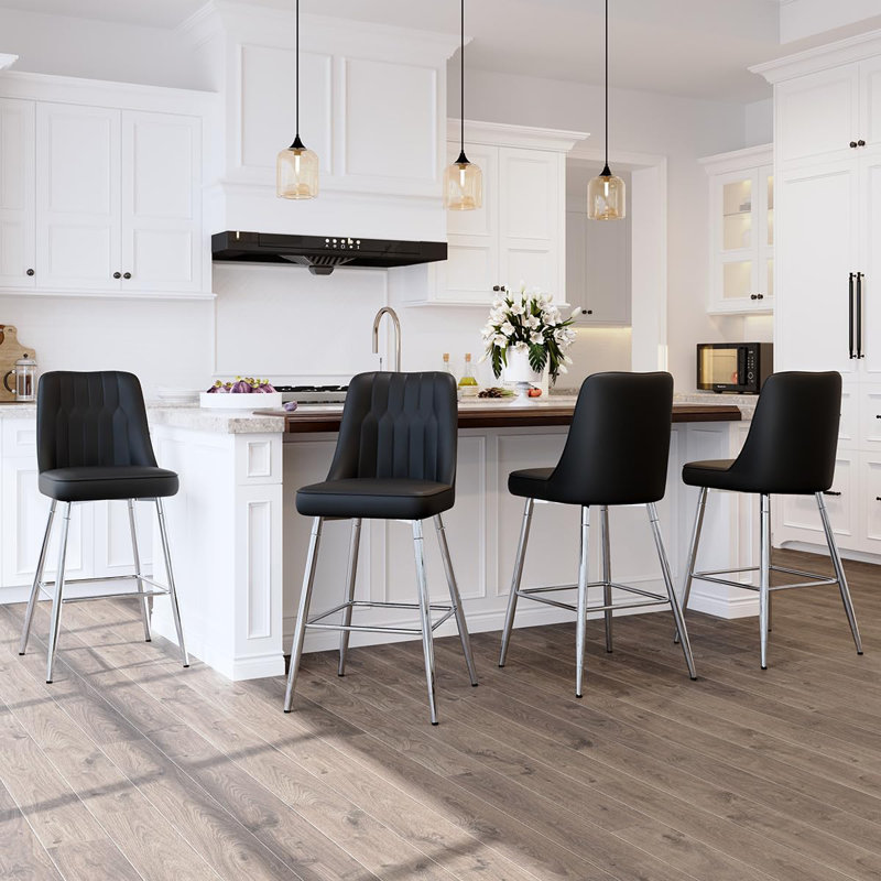 Bar Stools Set of 4,Counter Height Bar Stools with Back,Modern Faux Leather Kitchen Stools, 4, Black/Silver