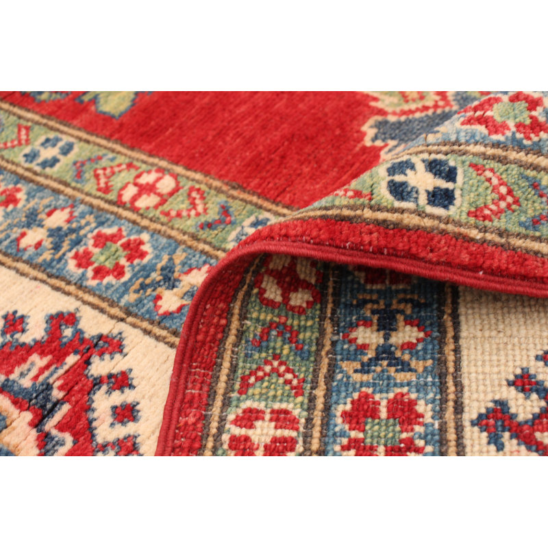 Tapis unique en laine noué à la main de style Gazni rouge et beige des années 2010 de 8 pi 1 po x 9 pi 7 po Qaiden