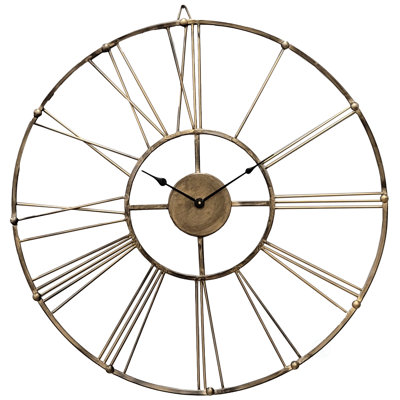 Vintage Antique Gold 30 in Dia Metal Wall Clock - Roman Numerals, Elegant Decorative Timepiece